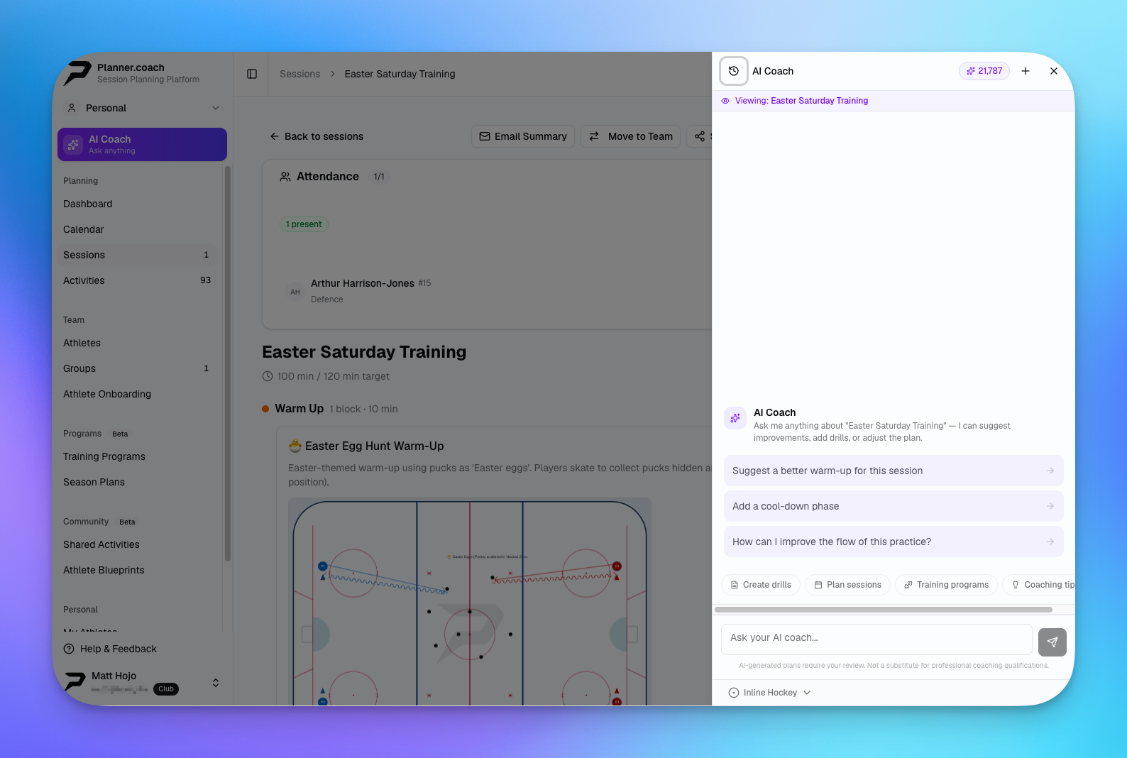 The AI coach panel open alongside an ice hockey session, ready to suggest warm-up improvements, add phases, or refine the plan