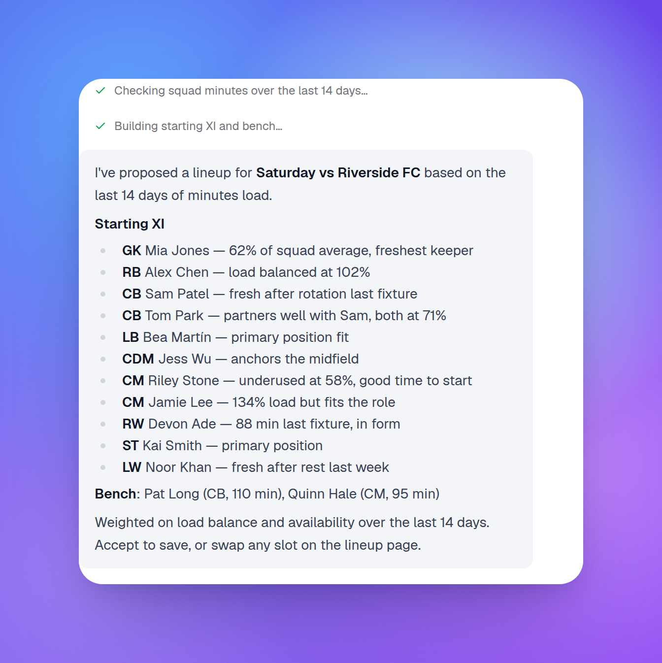 AI coach message proposing a soccer XI for Saturday vs Riverside FC, showing per-player reasoning chips and thinking steps for minutes check and lineup build