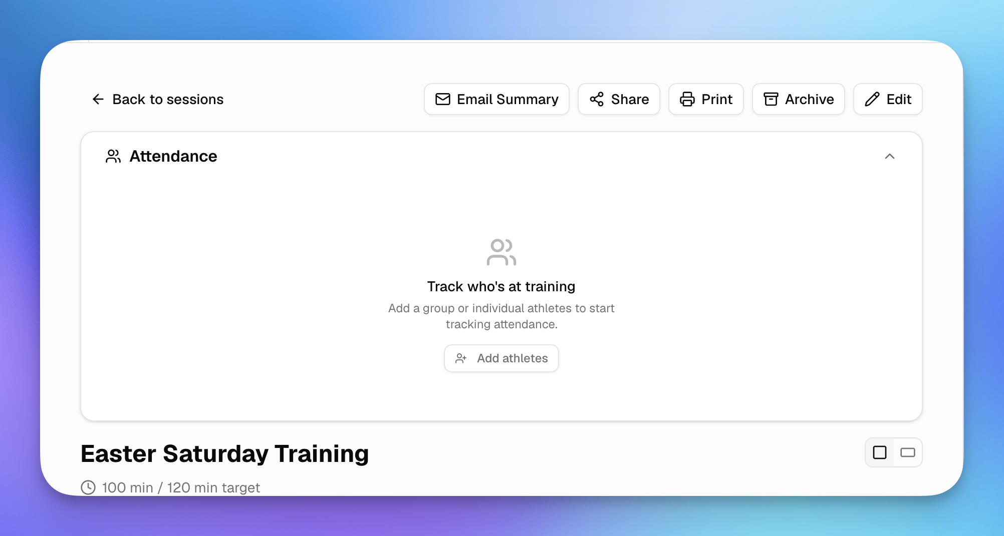 Attendance panel on a session page with empty roster and Add athletes button