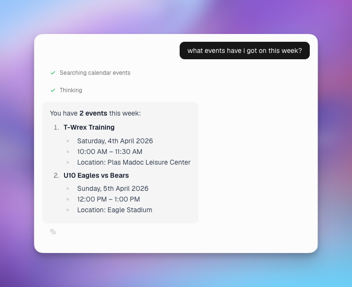 AI coach responding to "what events have I got on this week?" with a list of upcoming training and game events