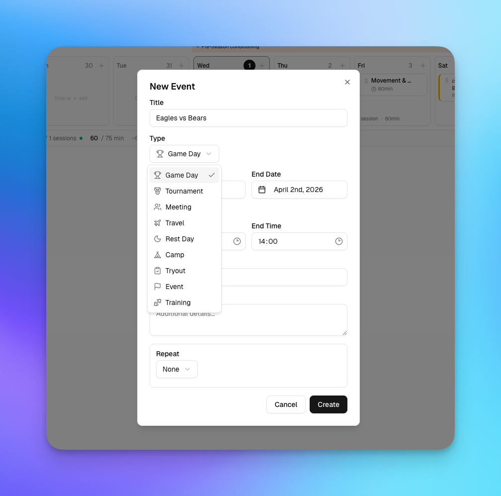 Creating a new event with type selection including Game Day, Tournament, Meeting, and more