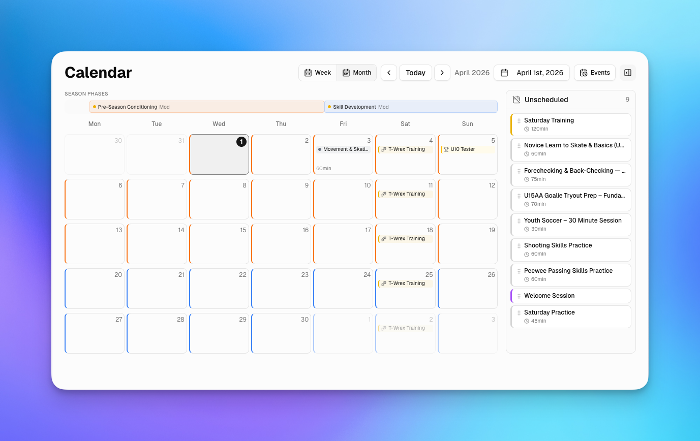 Calendar month view with season phases and unscheduled sessions panel