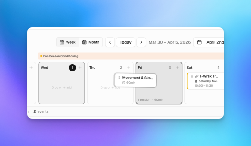 Week view showing sessions and events with load summary