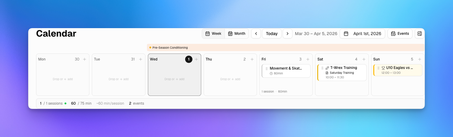 Calendar week view showing training sessions and events
