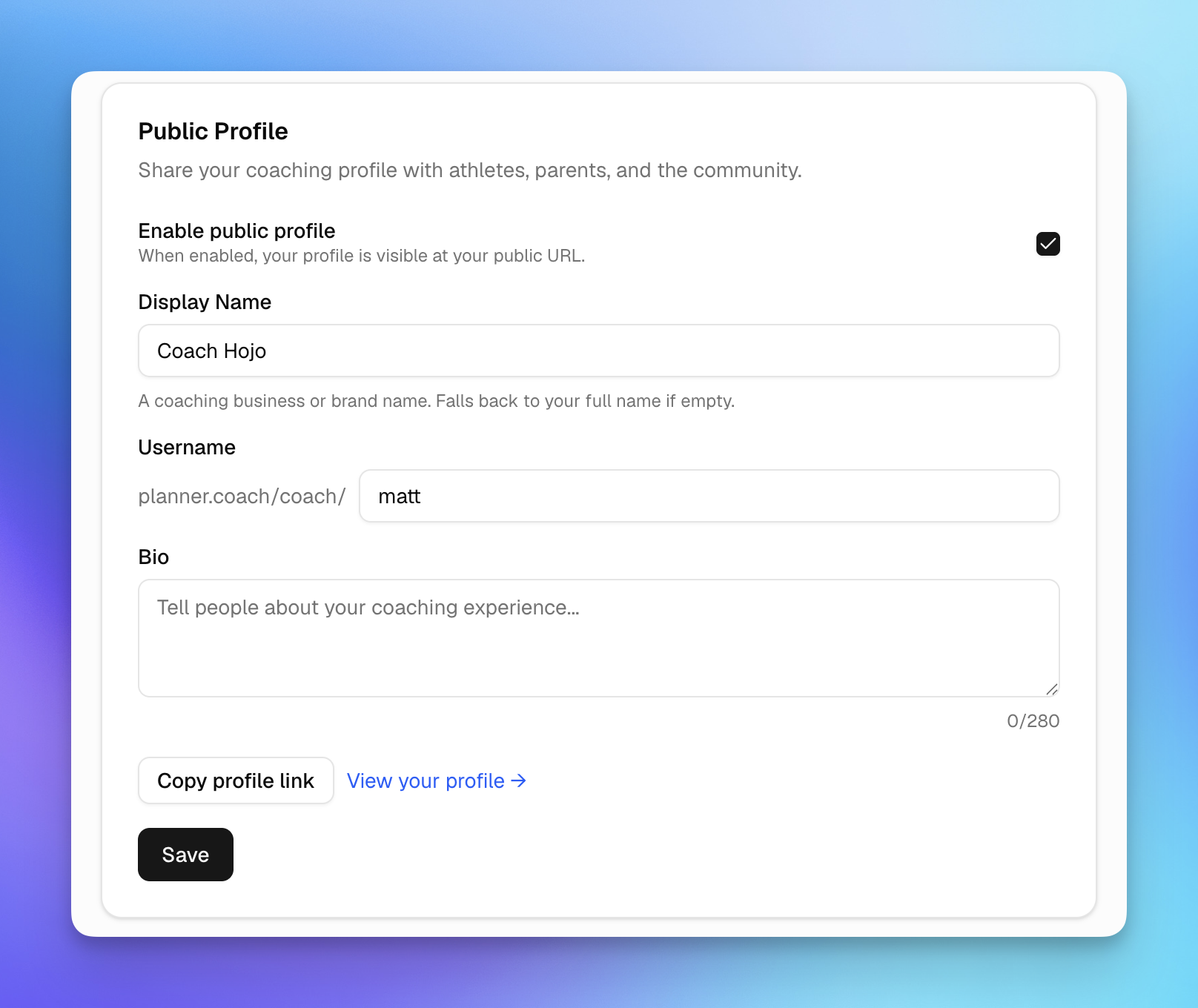 Profile settings panel with public profile options