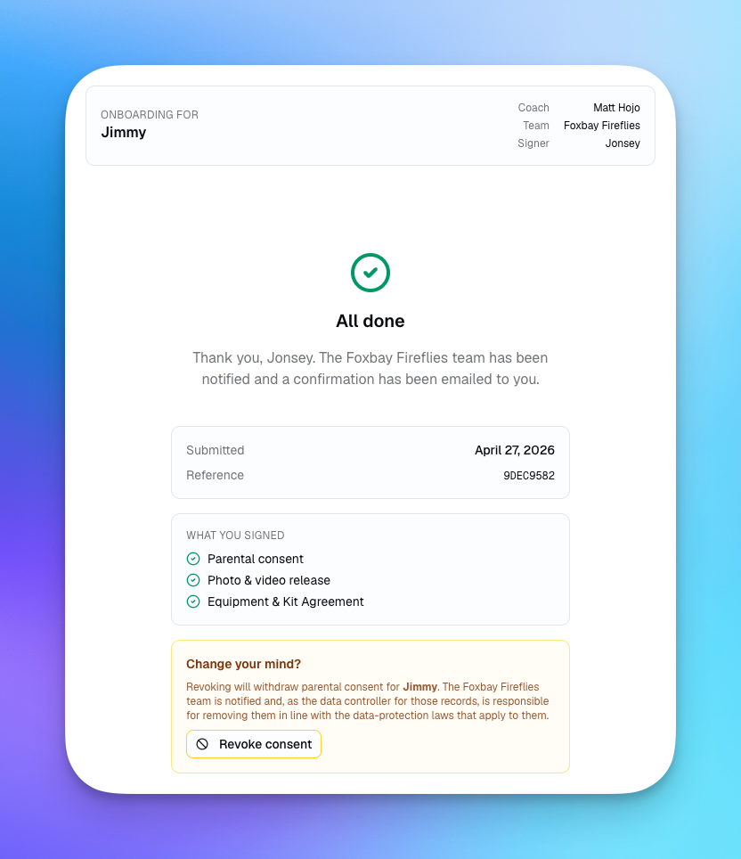 Confirmation page after submitting an onboarding pack, with submission reference and revoke option