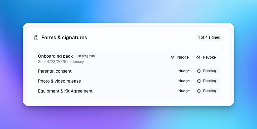 Forms & signatures card showing an in-progress onboarding pack with nudge and revoke actions