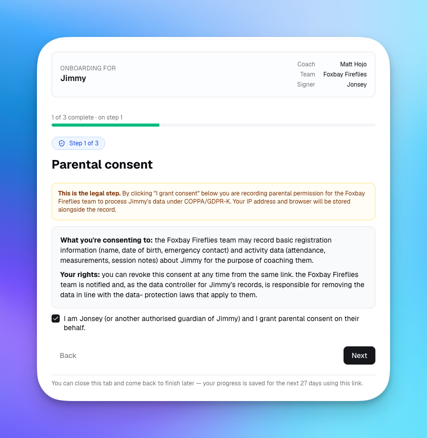 Parental consent step of the onboarding wizard, showing the legal language and signature checkbox