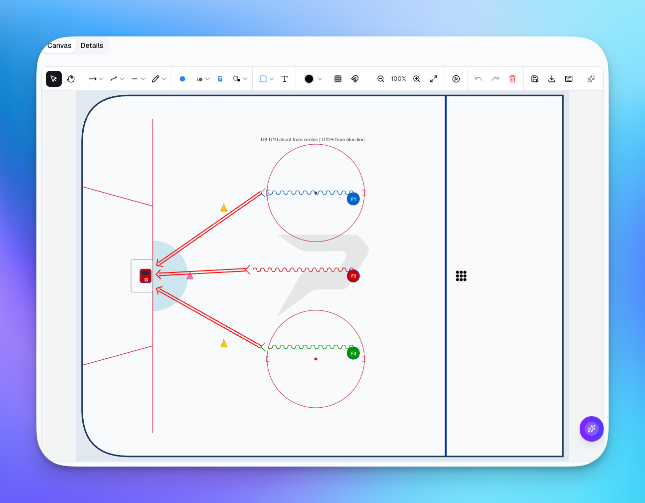 Drill designer canvas showing a three-forward shooting drill on an ice hockey rink, with skating paths, shot lanes, and an age-based coaching note