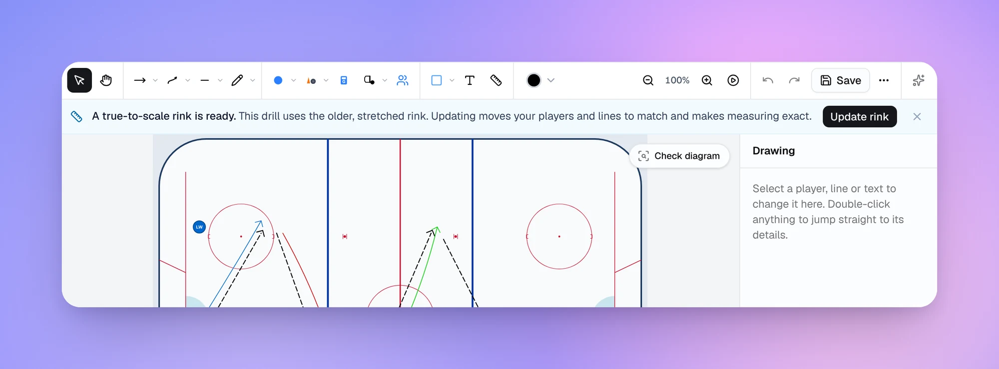 The prompt on an older drill: "A true-to-scale rink is ready", with an Update rink button