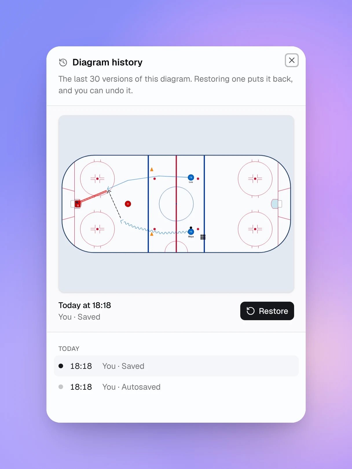 Diagram history with a preview of the selected version and a Restore button
