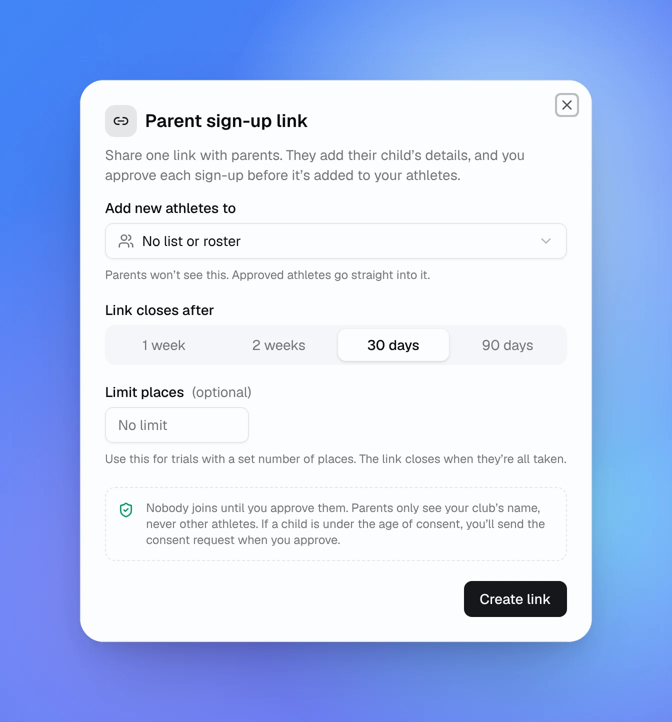 Creating a parent sign-up link: pick a list or roster, how long the link stays open, and an optional limit on places