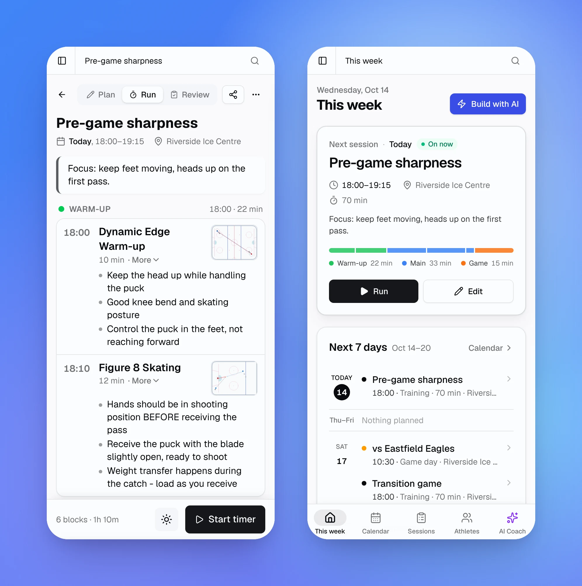 Run mode and This week on a phone: blocks by start time with drill pictures and coaching points, a Start timer button, and the new tab bar