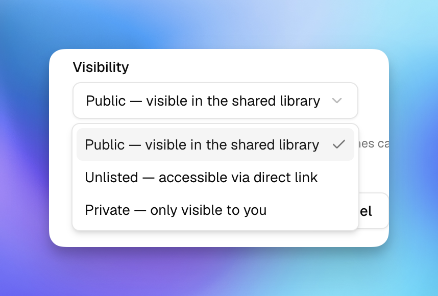 Visibility toggle showing public, unlisted, and private options