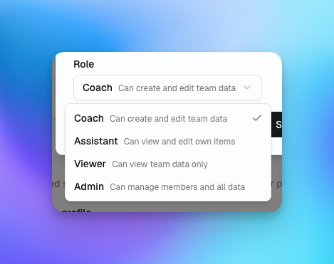 Role selector dropdown showing Coach, Assistant, Viewer, and Admin options