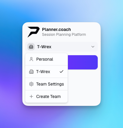 Team switcher in the sidebar showing Personal and team workspaces